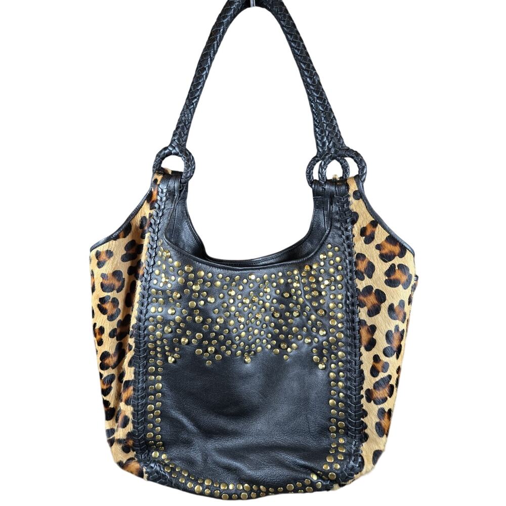 Clever Carriage Co Leopard Black Leather Studded Large Tote Shoulder Bag Purse